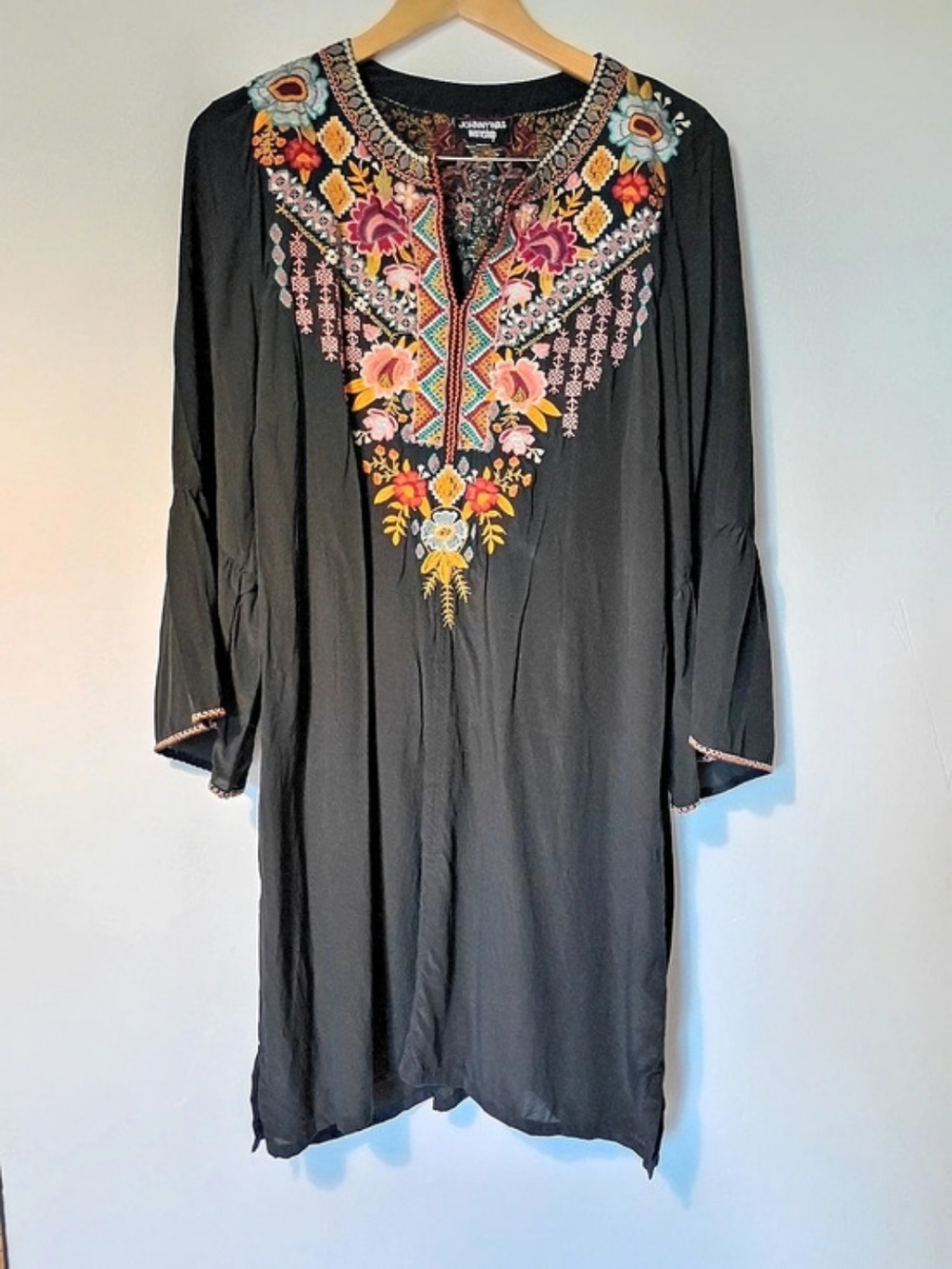 Johnny Was Boho Embroidered 100% Silk Tunic Dress Size Medium